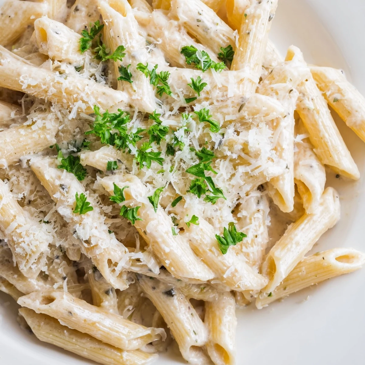 Creamy Dinner Pasta plated with golden penne and a velvety garlic Parmesan sauce, garnished with fresh parsley for a cozy vegetarian dinner.