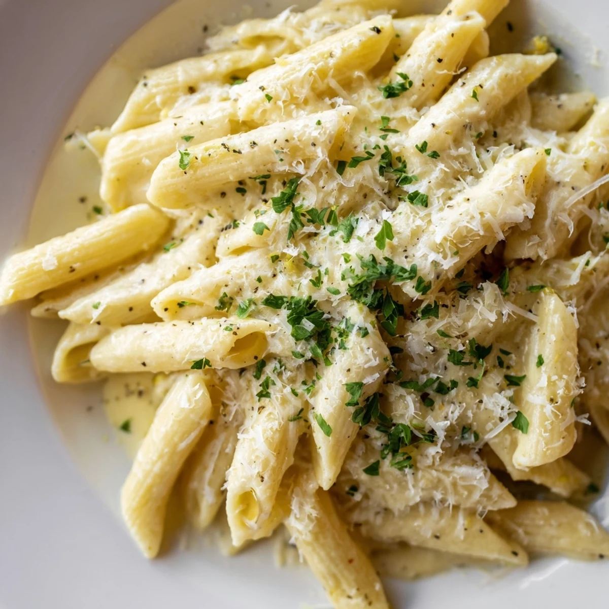 Serving suggestion for Creamy Dinner Pasta alongside a crisp green salad, extra Parmesan on top, ideal for an easy Italian-inspired main dish.