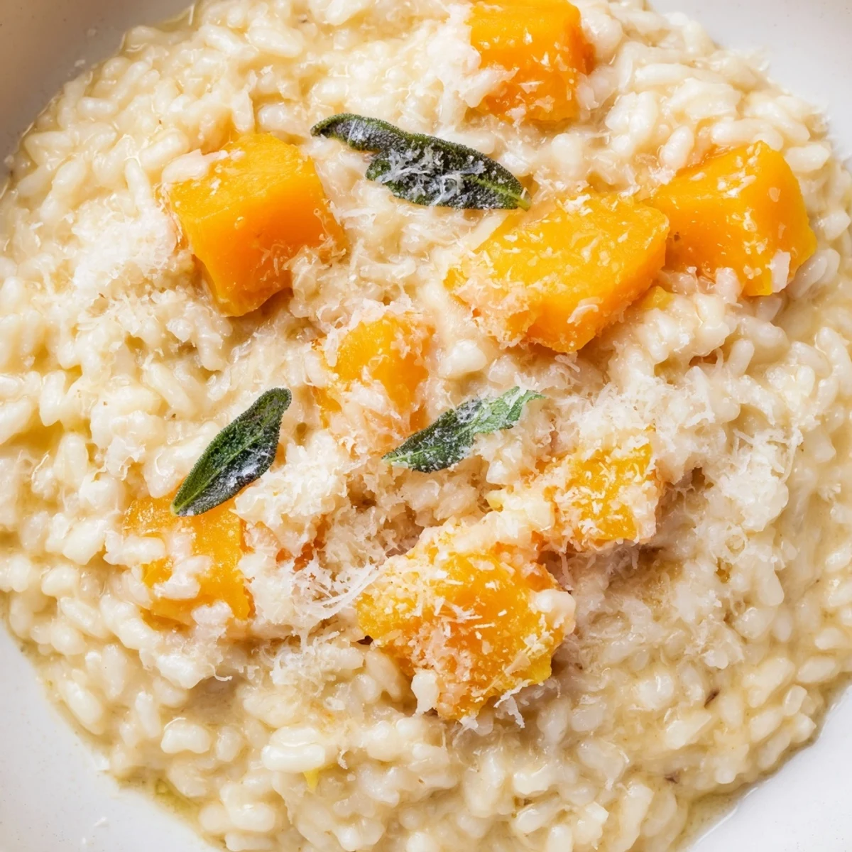 Creamy Winter Squash Risotto with Sage and Parmesan garnished with fresh herbs in a warm bowl