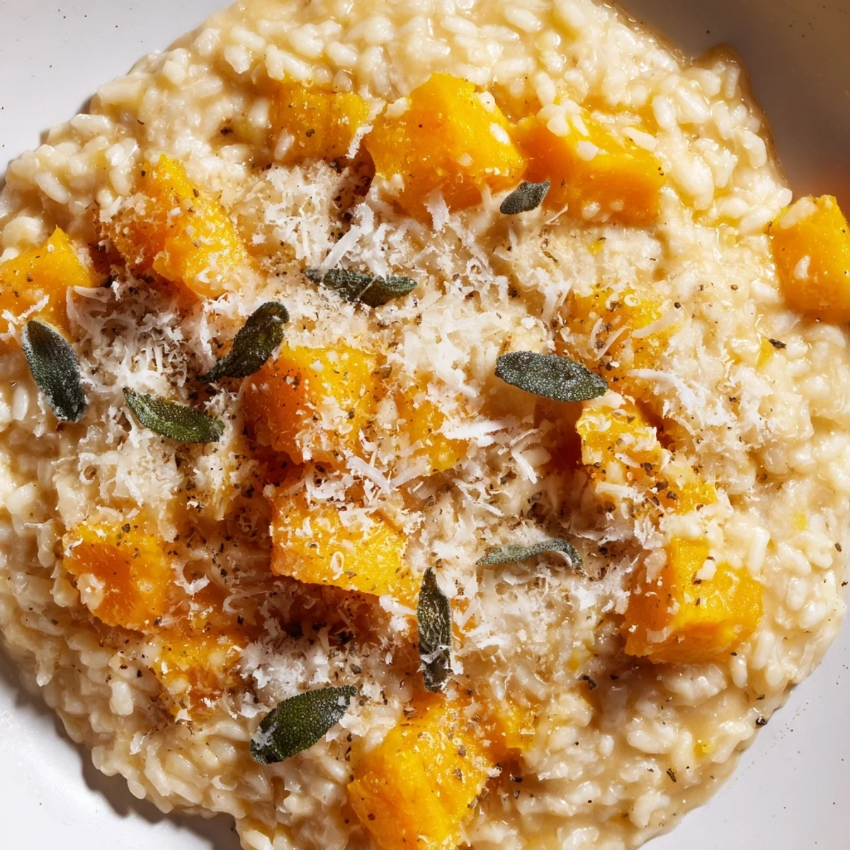 A close-up of Winter Squash Risotto with Sage and Parmesan, highlighting golden squash and melty cheese