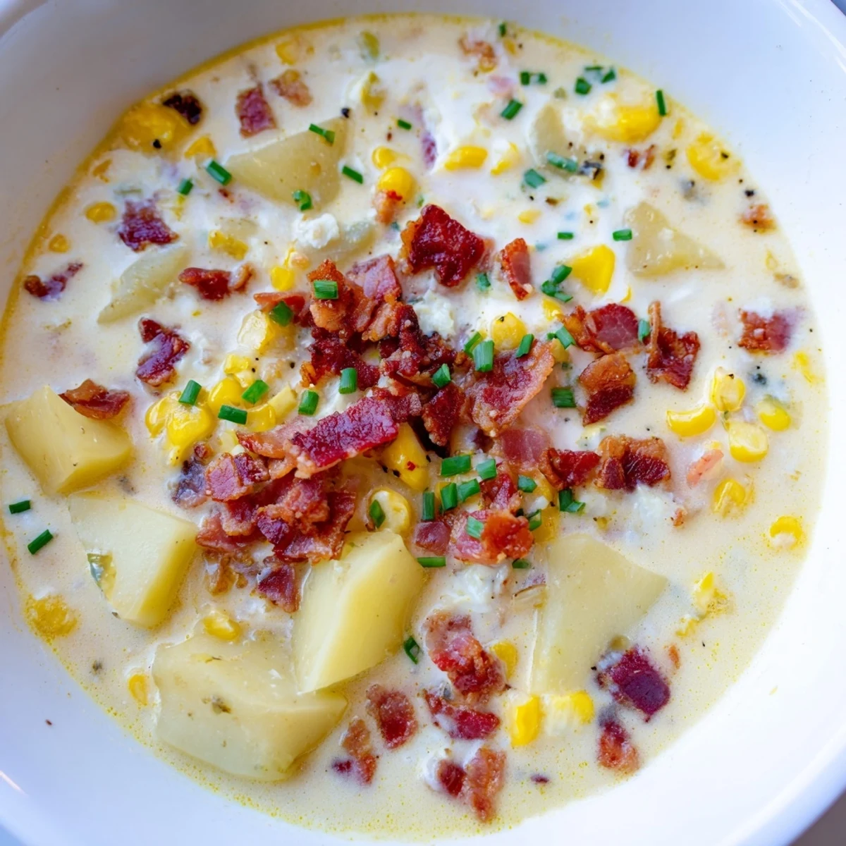 A hearty bowl of Creamy Corn Chowder with Turkey Bacon, served with crusty gluten-free bread for dipping.