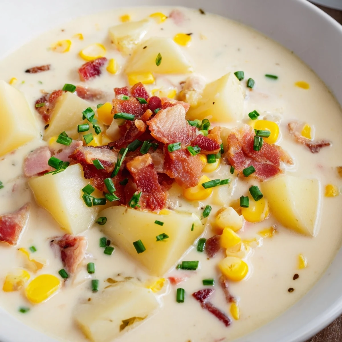 Golden Creamy Corn Chowder with Turkey Bacon steams in a white bowl, topped with crispy bacon bits and fresh chives.