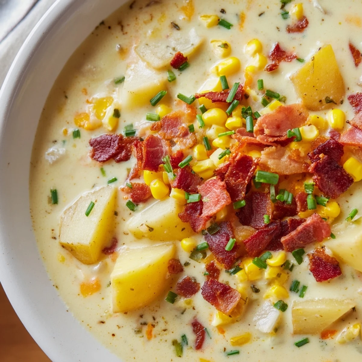 Ladle of Creamy Corn Chowder with Turkey Bacon shows tender potatoes and sweet corn in a rich broth.