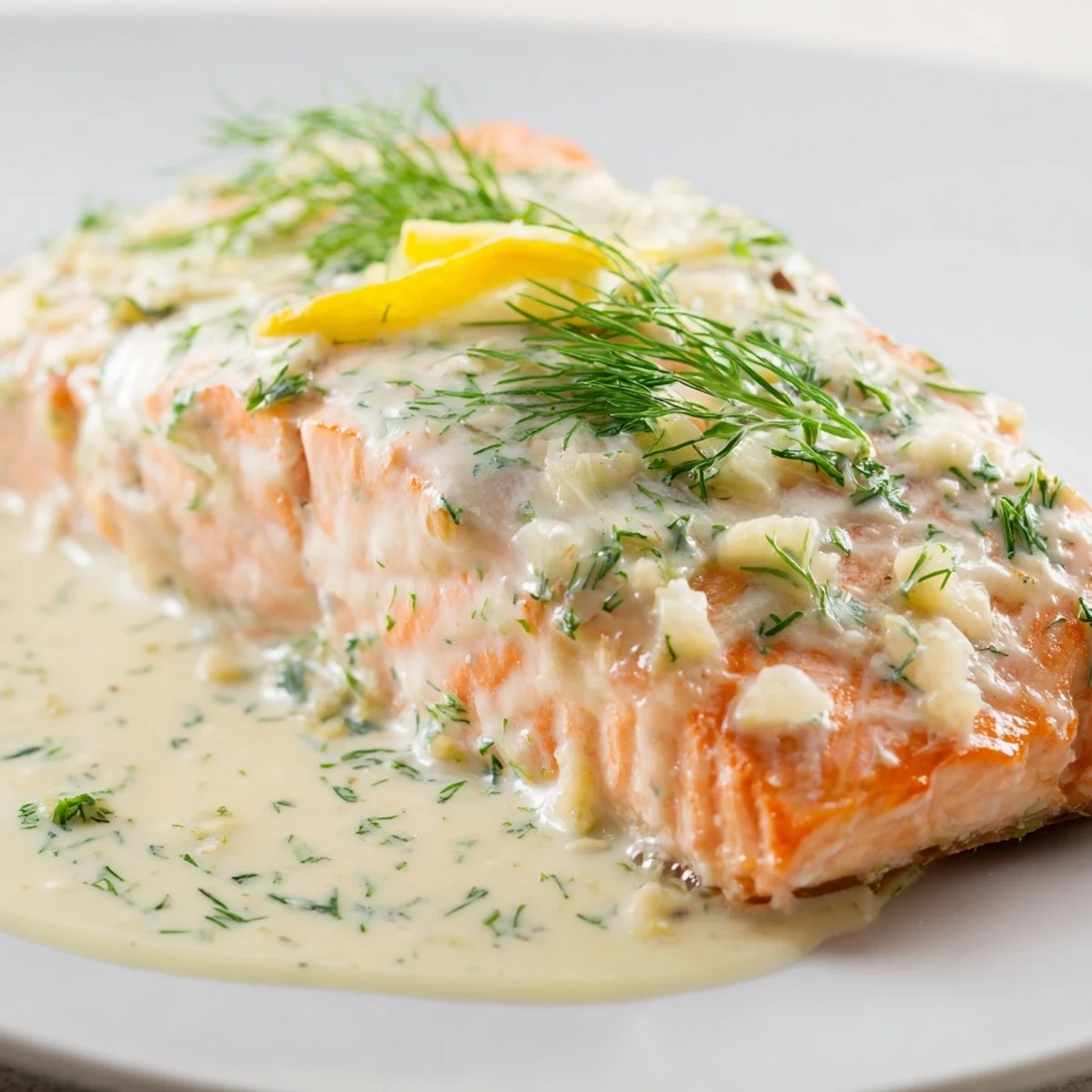 Golden baked salmon fillets topped with creamy dill and lemon sauce, served with roasted potatoes and asparagus.