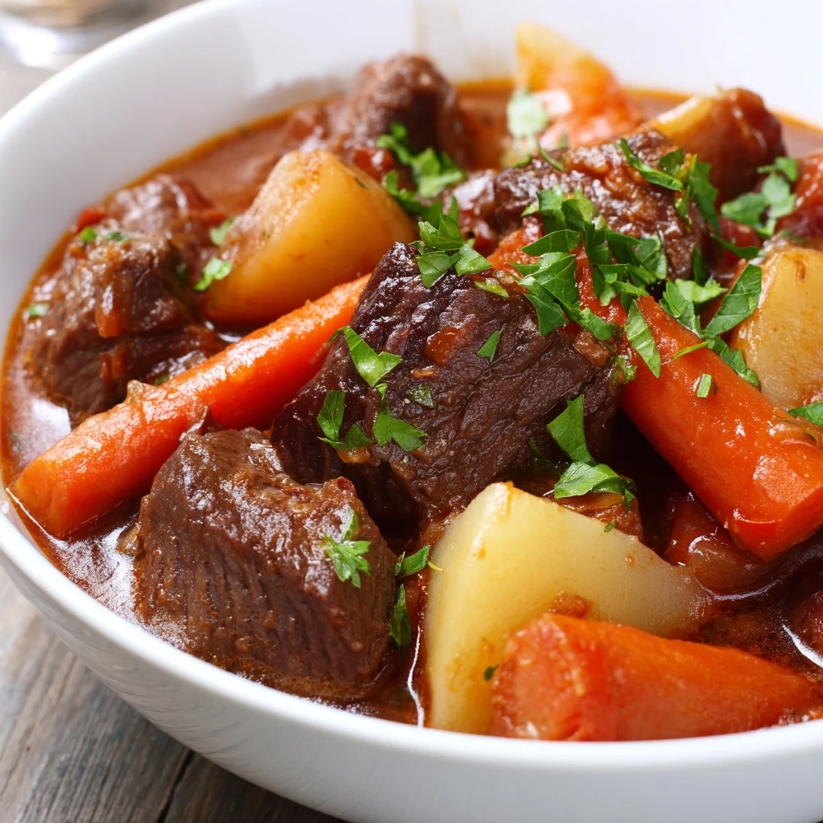 Steaming Slow Cooker Beef Stew with Root Vegetables shows hearty potatoes and parsnips in a rich, dark gravy with a spoon ready.
