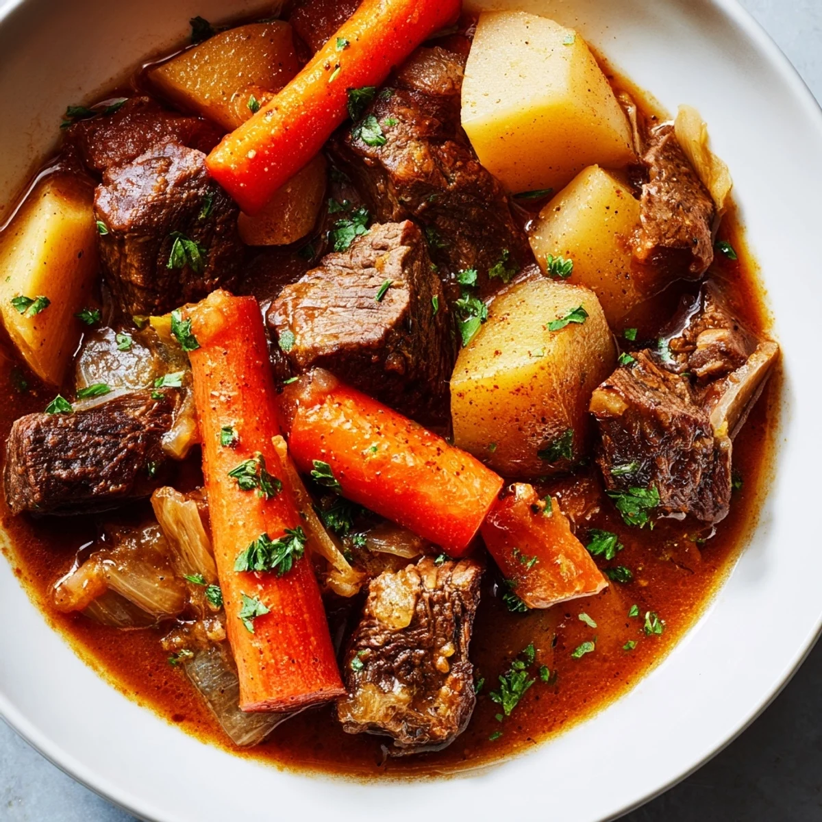Slow Cooker Beef Stew with Root Vegetables features tender beef and carrots in a savory, steaming broth, served in a rustic bowl.