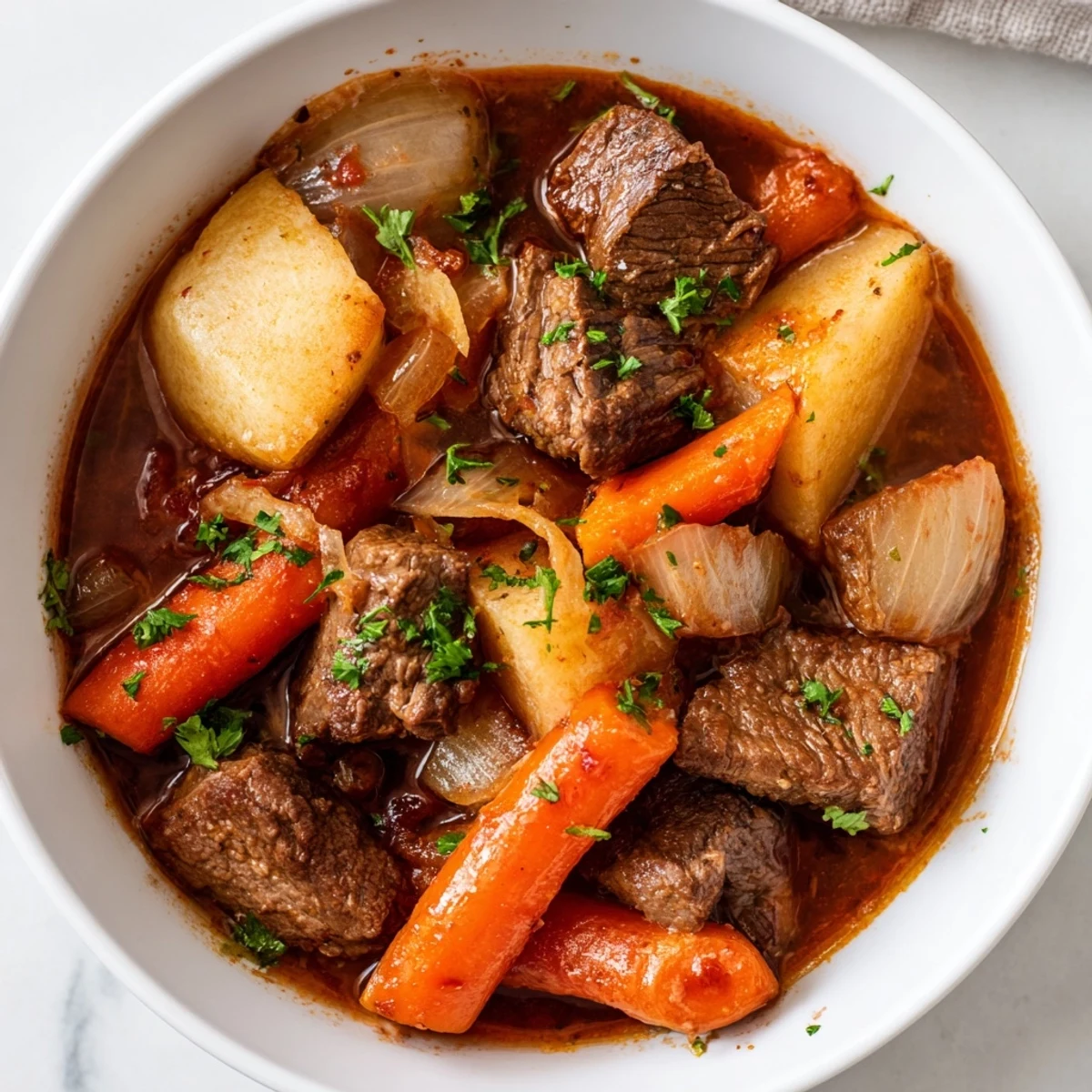 Hearty Slow Cooker Beef Stew with Root Vegetables steams beside crusty bread, perfect for a cozy, gluten-free American family dinner.