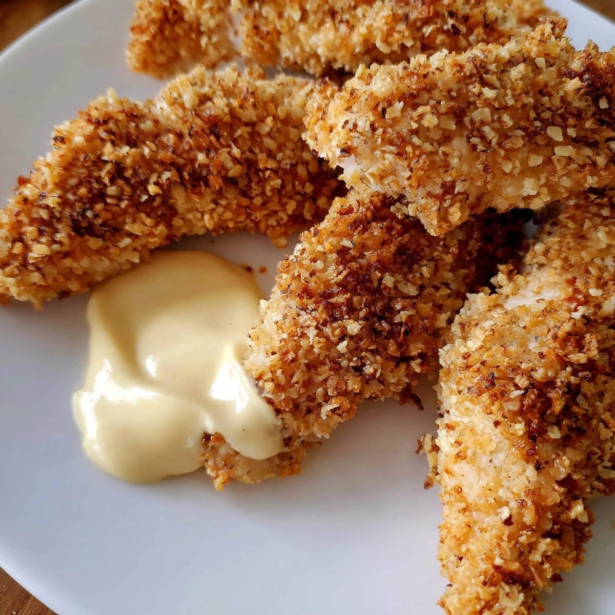 Golden-brown Crispy Baked Chicken Tenders with Honey Mustard resting on a platter, showcasing the crunchy breadcrumb texture.