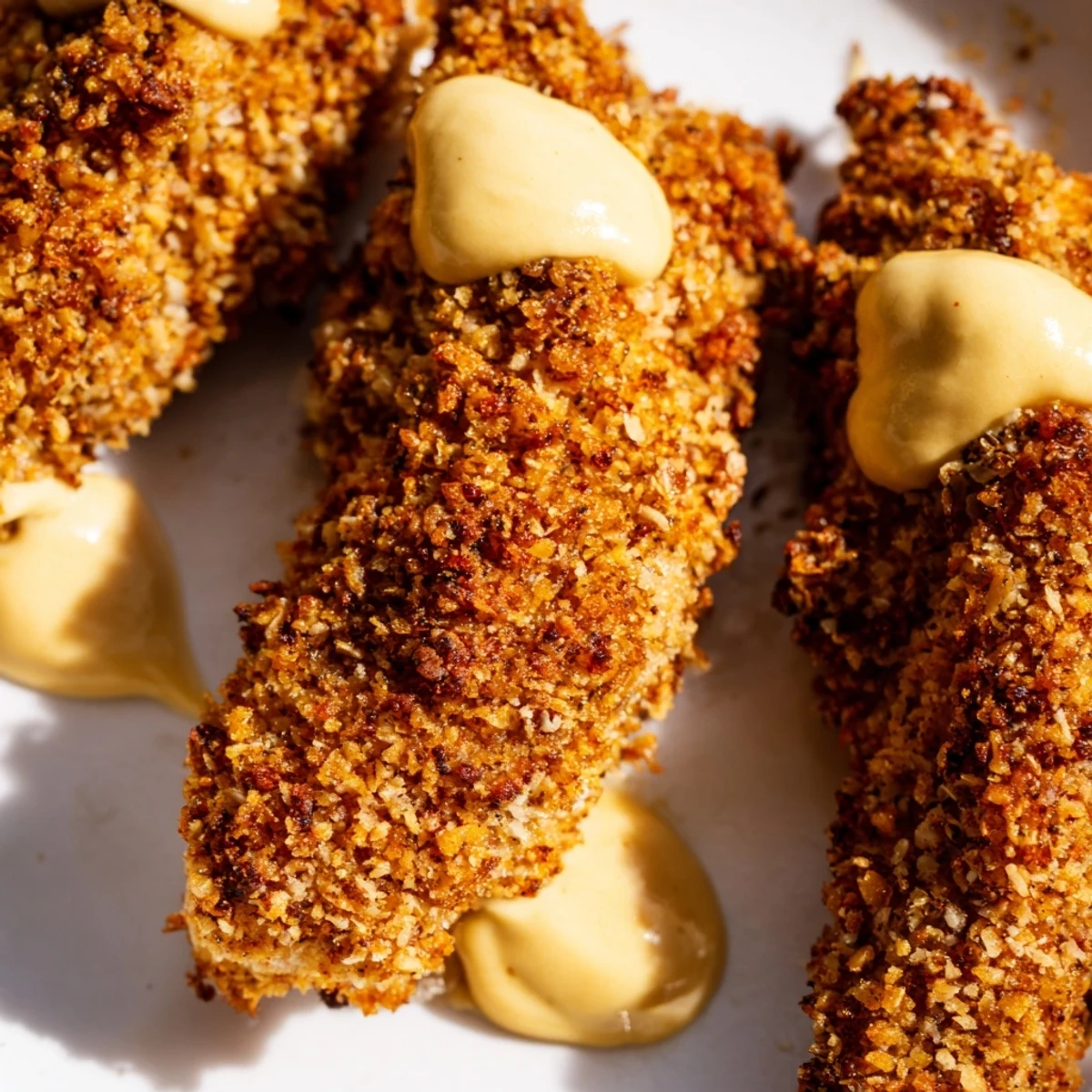 Overhead view of Crispy Baked Chicken Tenders with Honey Mustard on a rustic table, highlighting the golden crust and creamy sauce.