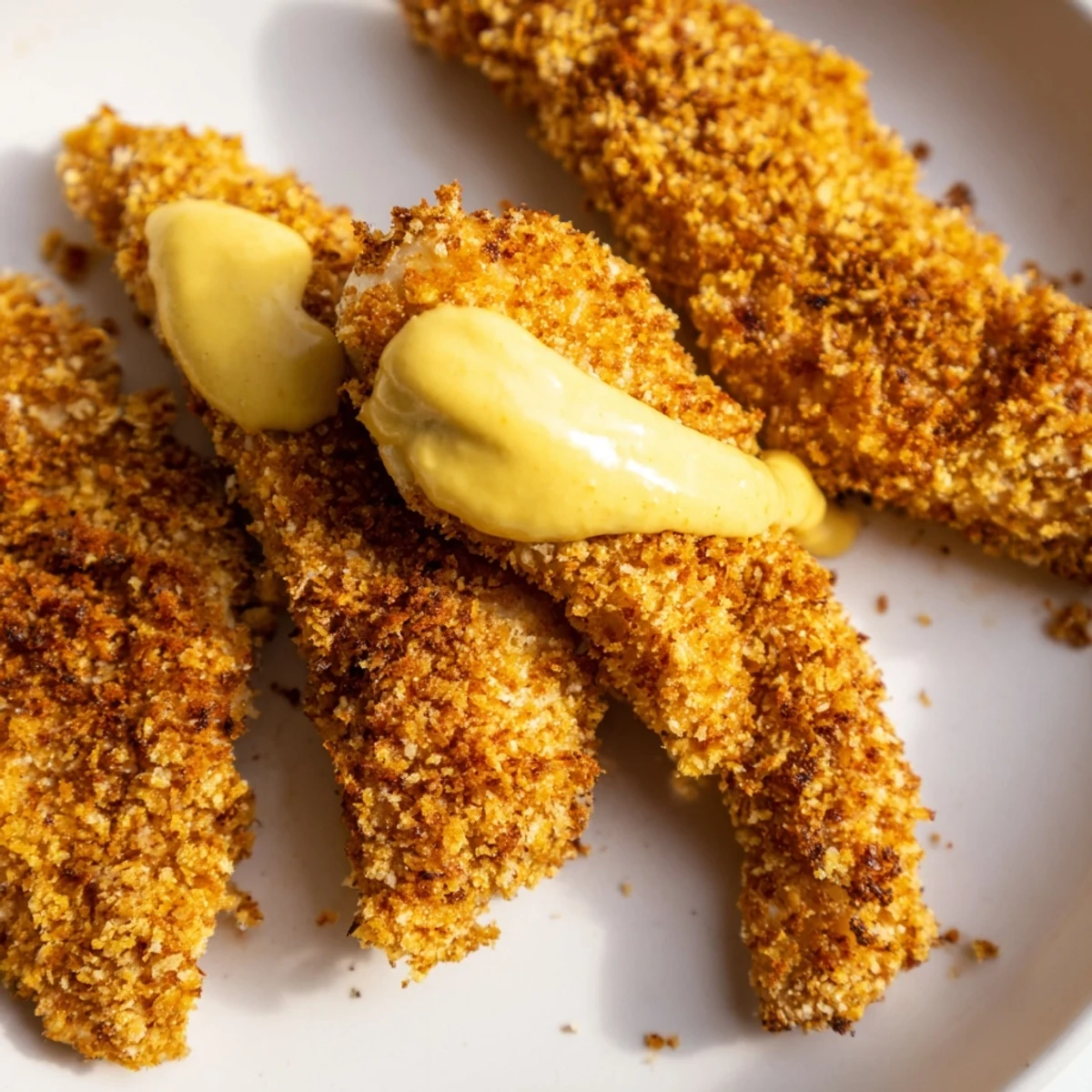 Freshly baked Crispy Baked Chicken Tenders with Honey Mustard arranged beside a small dipping bowl, perfect for a family dinner.