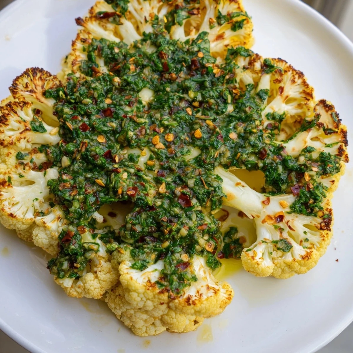 Golden roasted cauliflower steaks are drizzled with herby chimichurri sauce on a white platter.