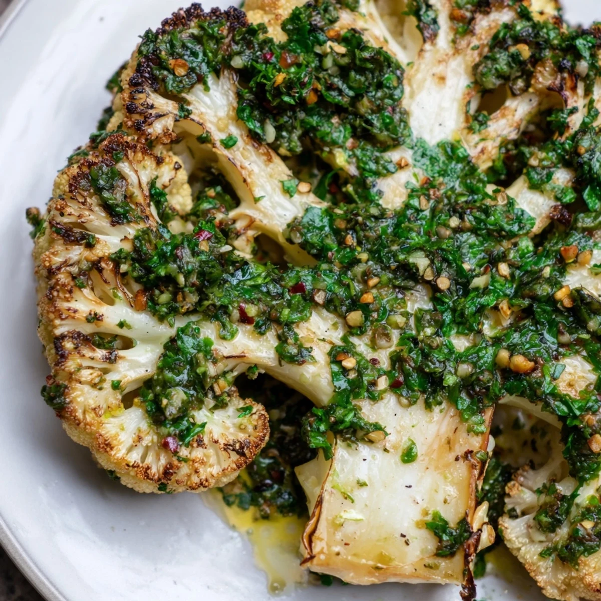 Roasted Cauliflower Steaks with Chimichurri are served warm with fresh parsley garnish.