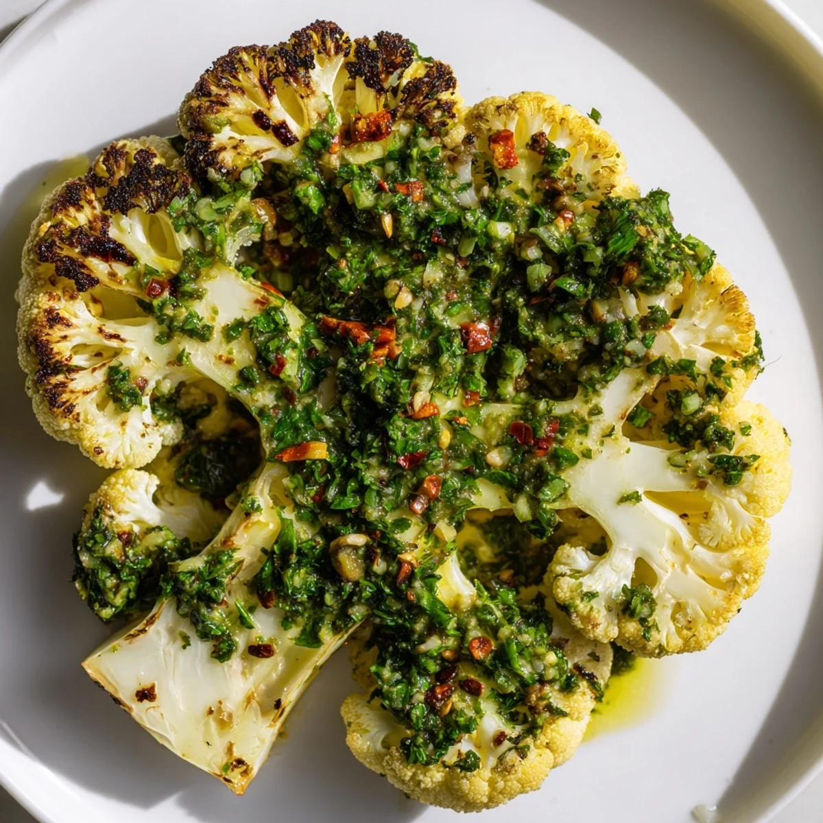 Tender, caramelized cauliflower steaks topped with vibrant green chimichurri for a vegan dinner.
