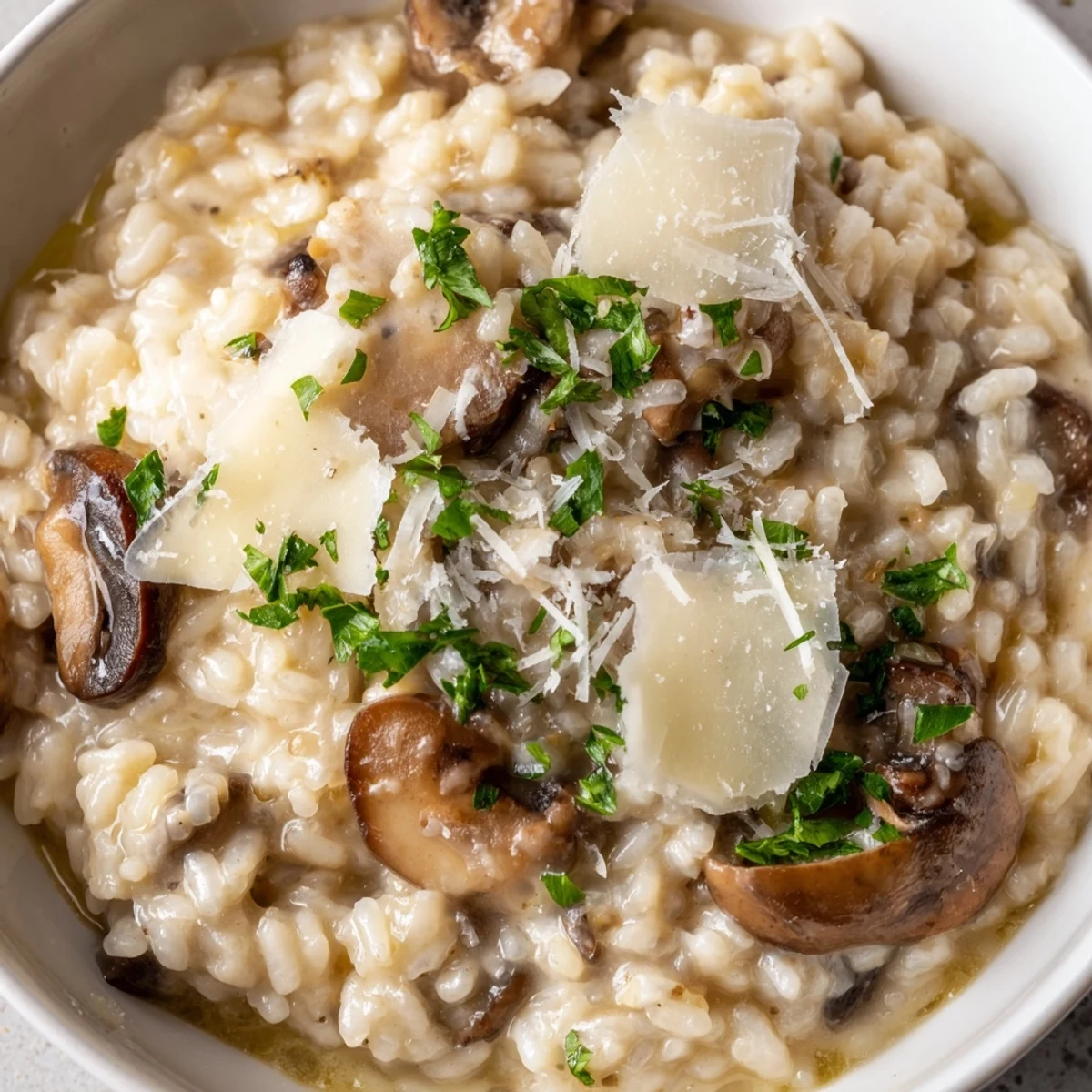 Earthy Mushroom Risotto with Truffle Oil steaming in a ceramic bowl, ideal for an elegant vegetarian dinner.