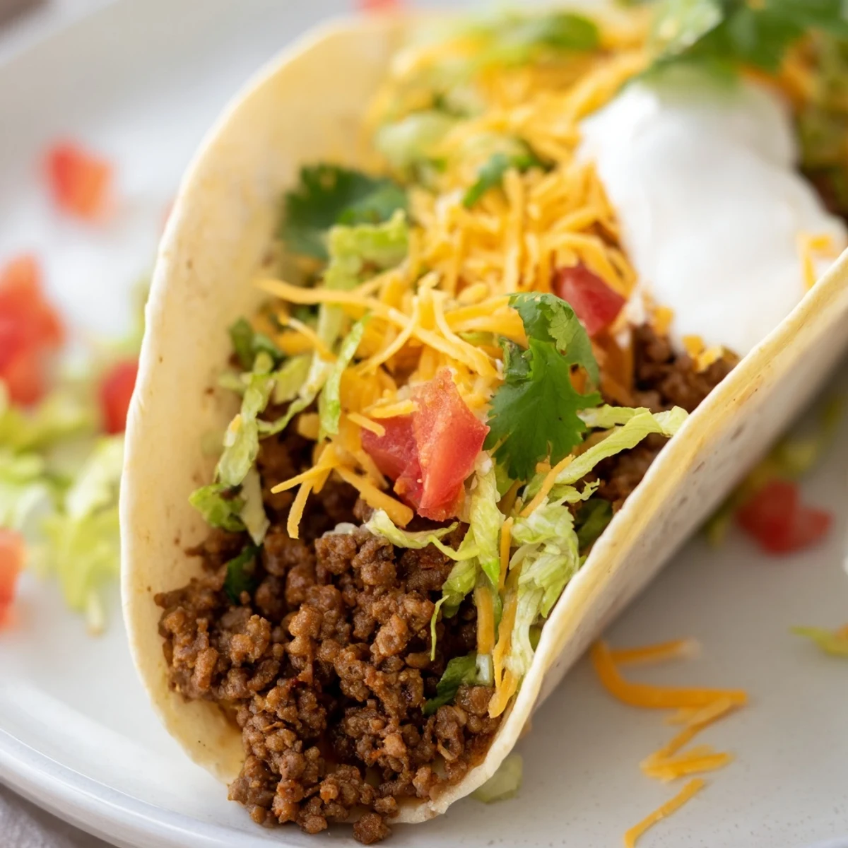 Close-up of sizzling Beef Tacos with Homemade Taco Seasoning, showing juicy beef and shredded cheddar on soft tortillas with fresh toppings.