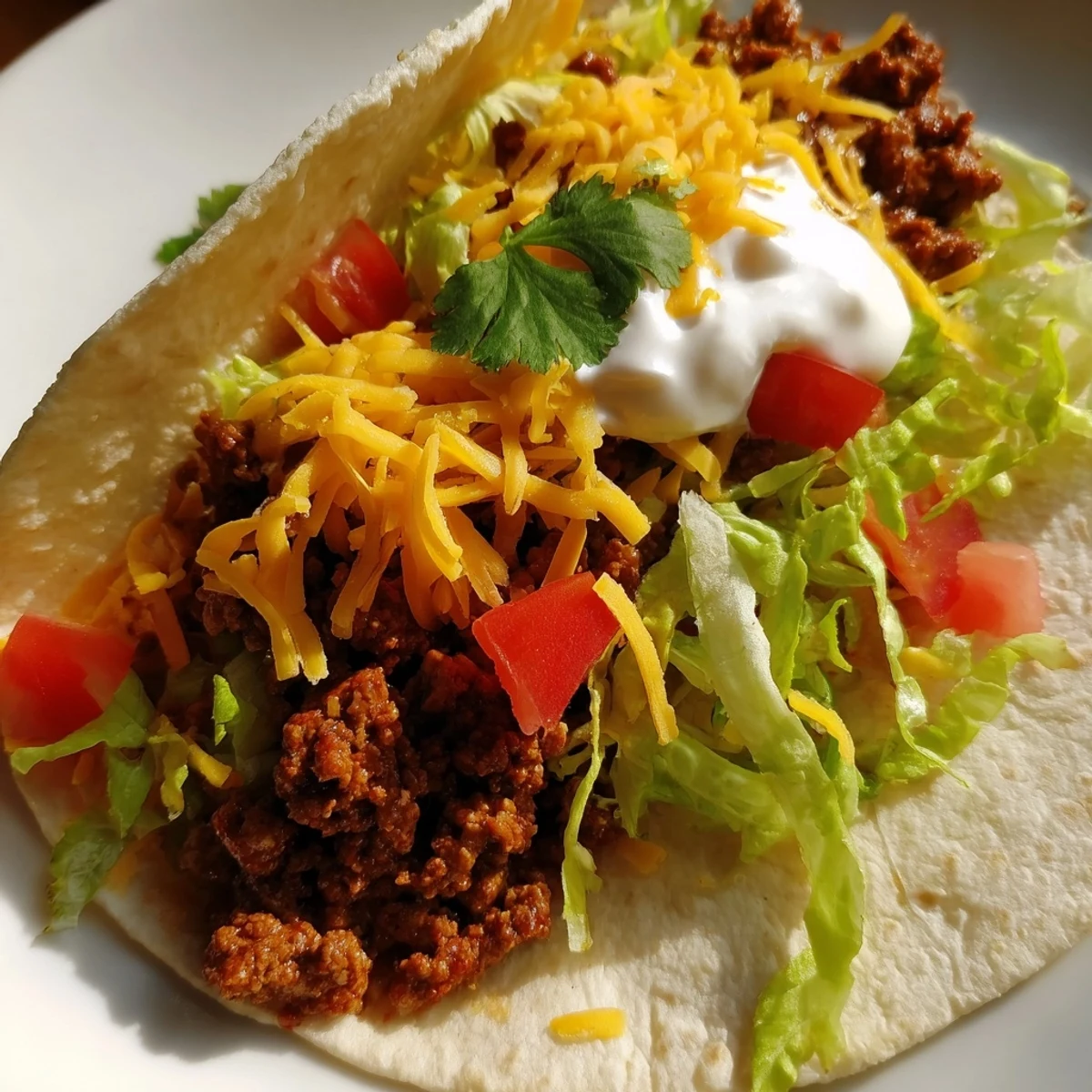 Ground beef and homemade taco seasoning fill warm flour tortillas, topped with diced tomatoes, sour cream, and cilantro for a family dinner.