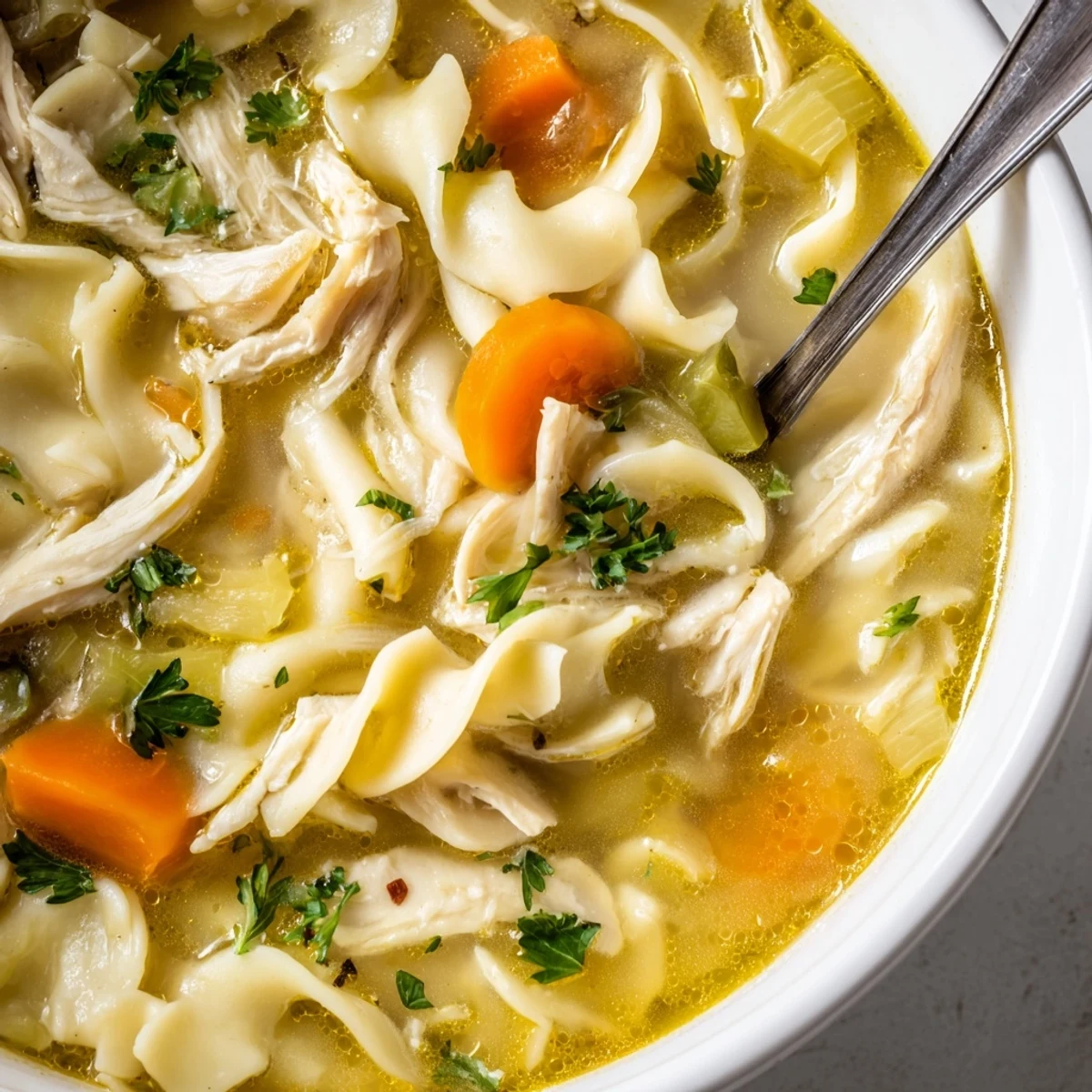 Homemade egg noodles and fresh herbs swirl in a comforting pot of Chicken Noodle Soup, ready to serve for dinner.