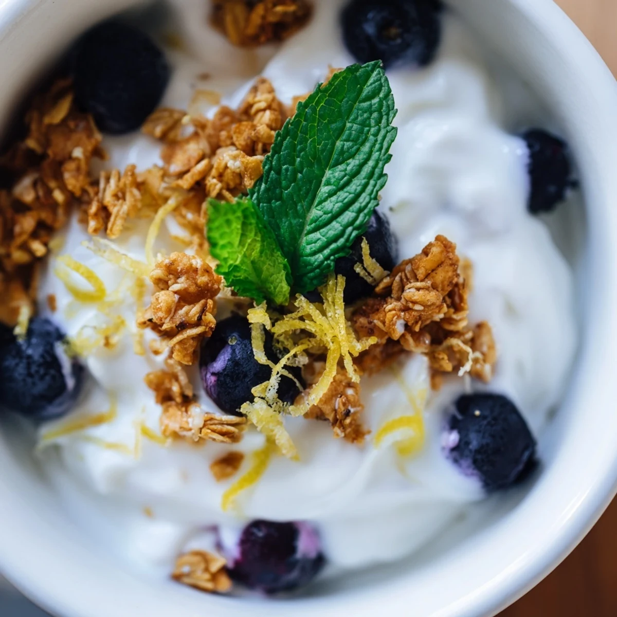 Lemon Blueberry Yogurt Parfait with Granola layered in a clear glass, showing creamy yogurt and fresh blueberries.