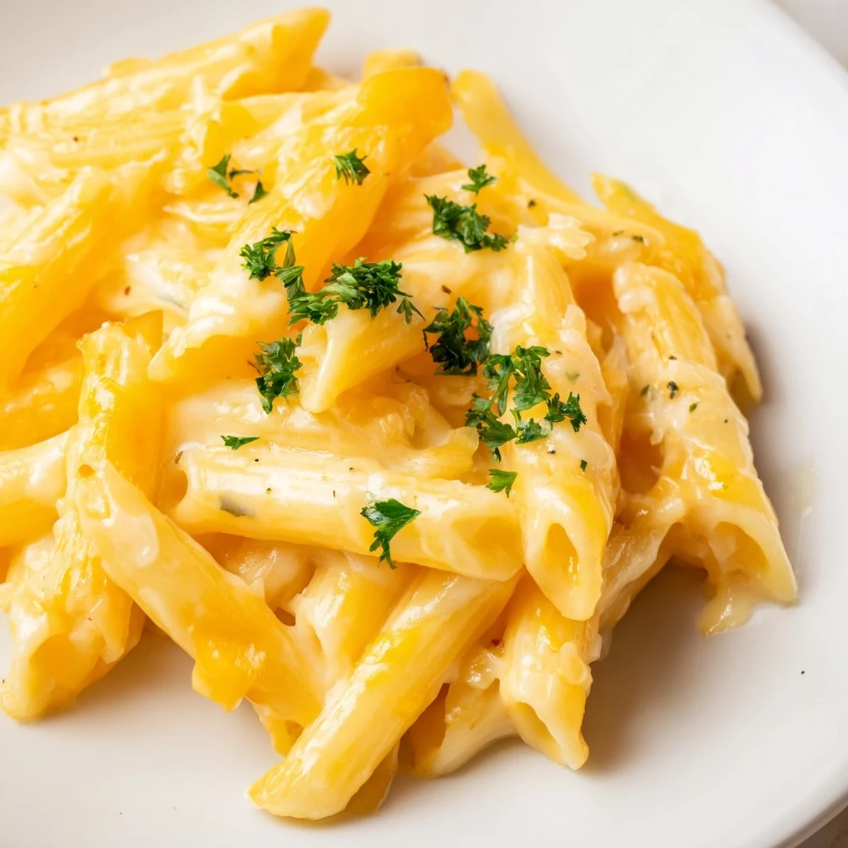 Creamy Pasta with Cheese served warm in a white bowl, garnished with fresh parsley and extra Parmesan for a comforting vegetarian dinner.