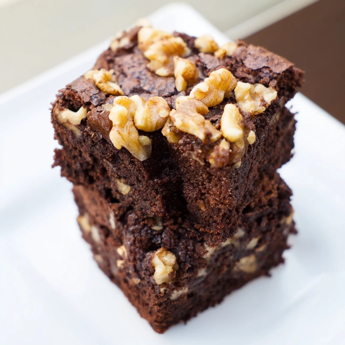 A close-up slice of warm Chocolate Fudge Brownies with Chopped Walnuts served on a plate, perfect for an easy American dessert.
