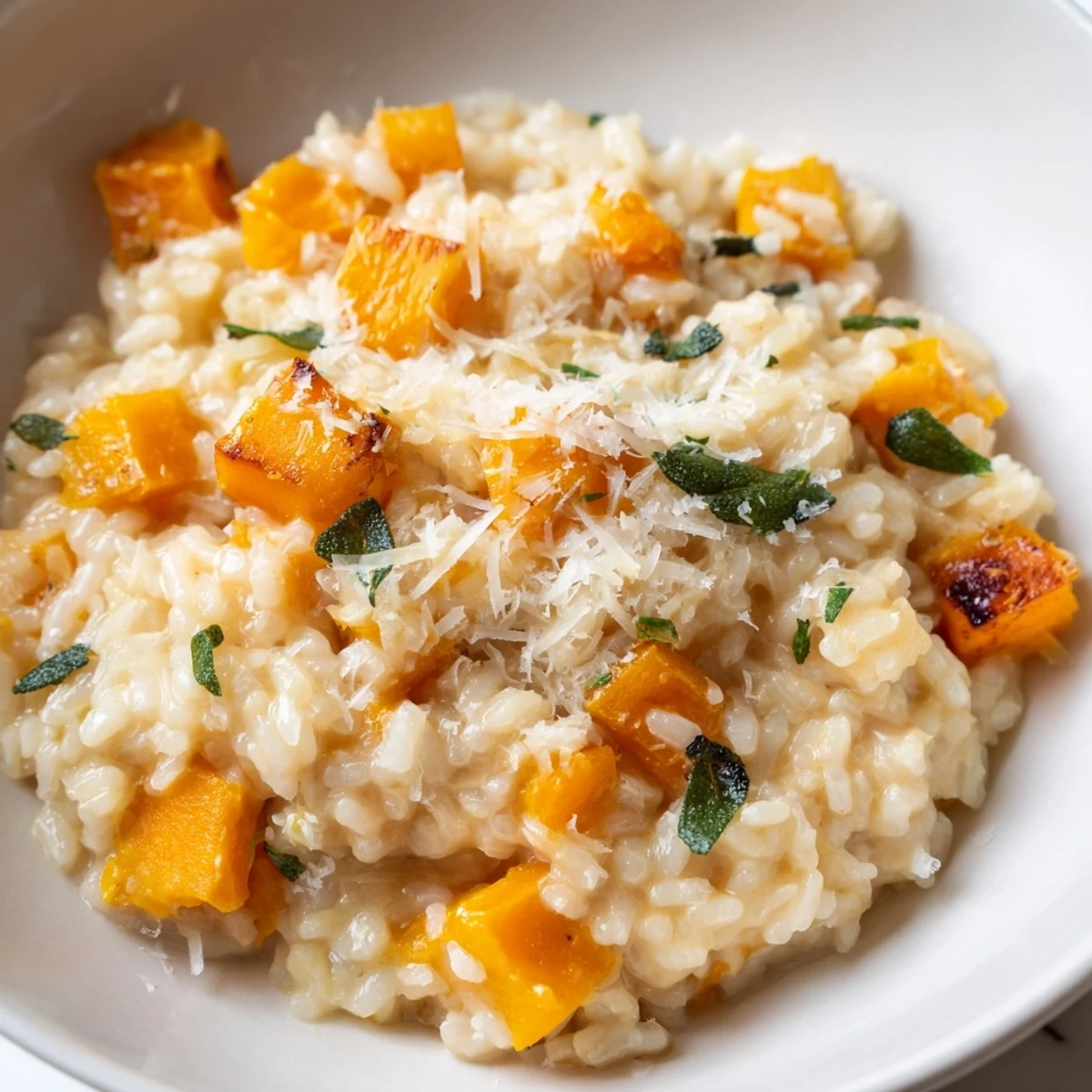 Creamy Winter Squash Risotto with Sage and Parmesan Cheese is served hot, garnished with extra grated Parmesan and fresh sage leaves.