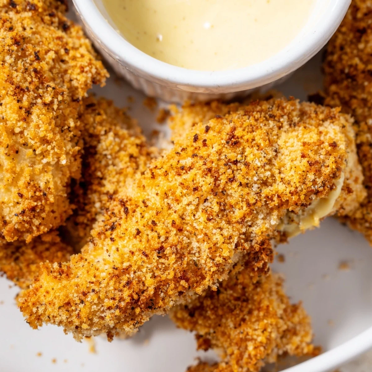 Perfectly baked Crispy Baked Chicken Tenders with Honey Mustard Dip on a plate, ready for a family dinner.