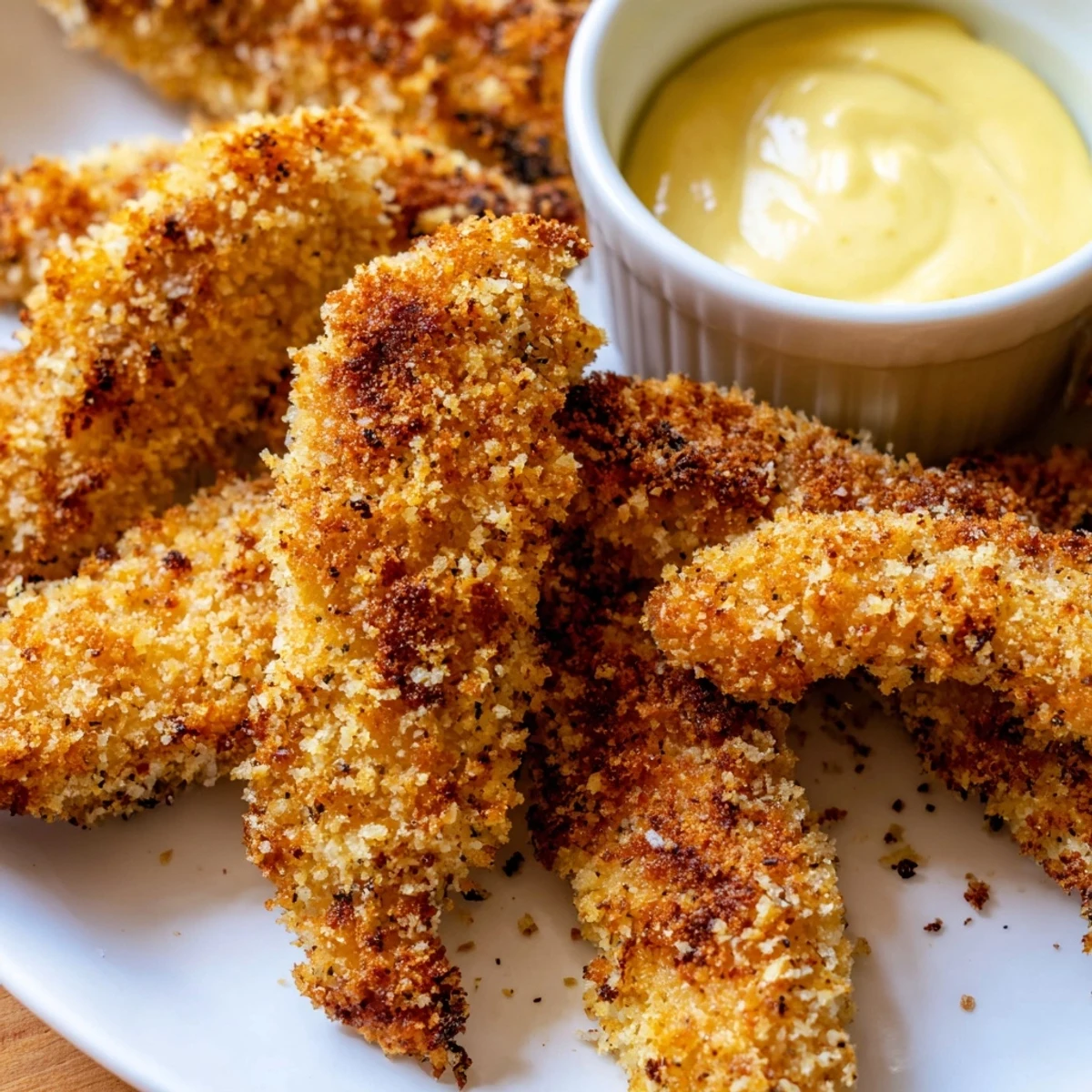Golden Crispy Baked Chicken Tenders with Honey Mustard Dip paired with lemon wedges and fresh parsley garnish.