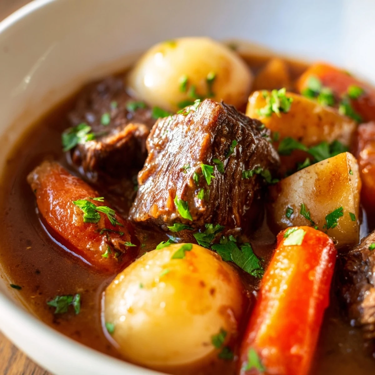 Golden brown beef cubes, tender potatoes, and sliced carrots simmer in a rich, savory broth inside a slow cooker. This hearty Slow Cooker Beef Stew with Potatoes and Carrots is the ultimate comfort food. Fresh thyme and rosemary garnish the bubbling, thickened stew for a delicious weeknight dinner. Served in a rustic bowl, the stew is perfect alongside crusty bread for dipping.