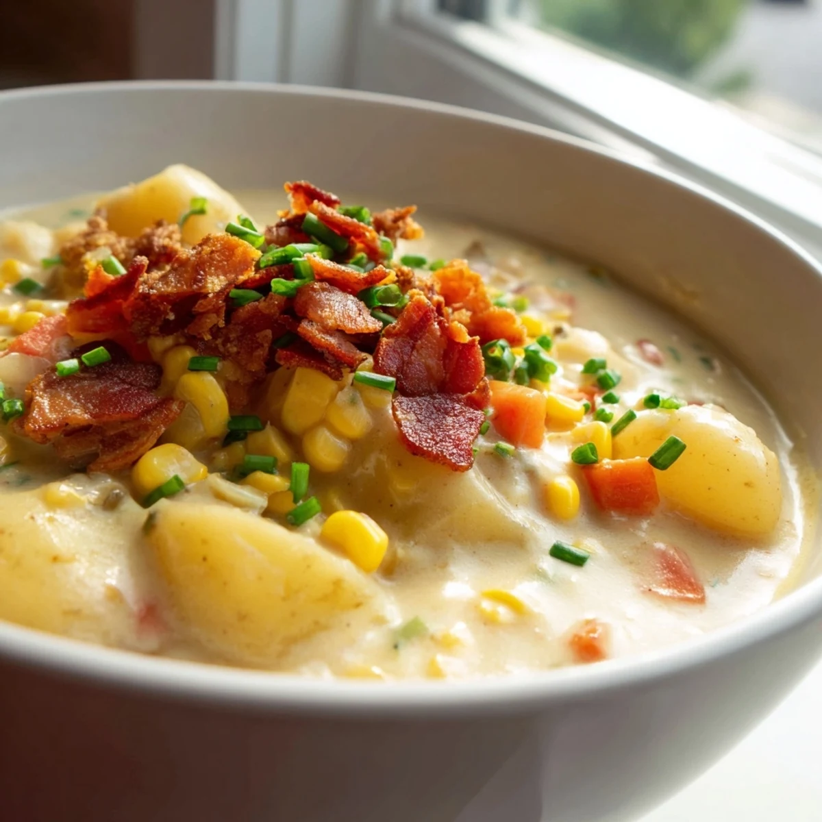 Spoons dive into Creamy Corn Chowder with Crispy Turkey Bacon, showcasing velvety broth, tender potatoes, and sweet golden corn kernels.