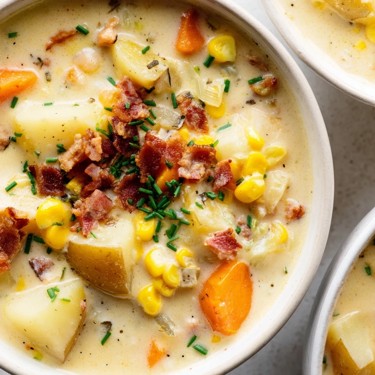 Creamy Corn Chowder with Crispy Turkey Bacon served steaming hot in a rustic bowl with fresh chives and extra bacon crumbles.