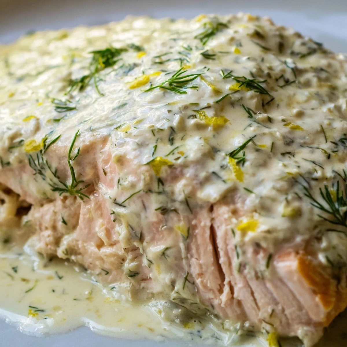 The succulent baked salmon is drizzled with tangy lemon dill cream sauce and garnished with fresh herbs.
