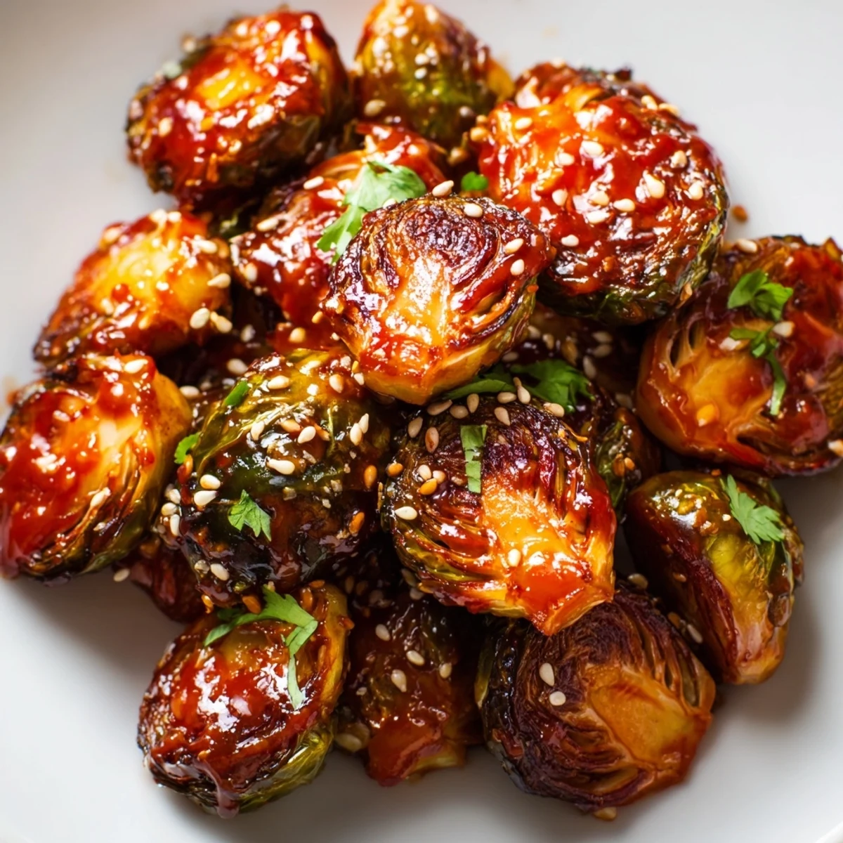 Freshly roasted Brussels sprouts tossed in a sweet and spicy honey sriracha glaze, garnished with sesame seeds.