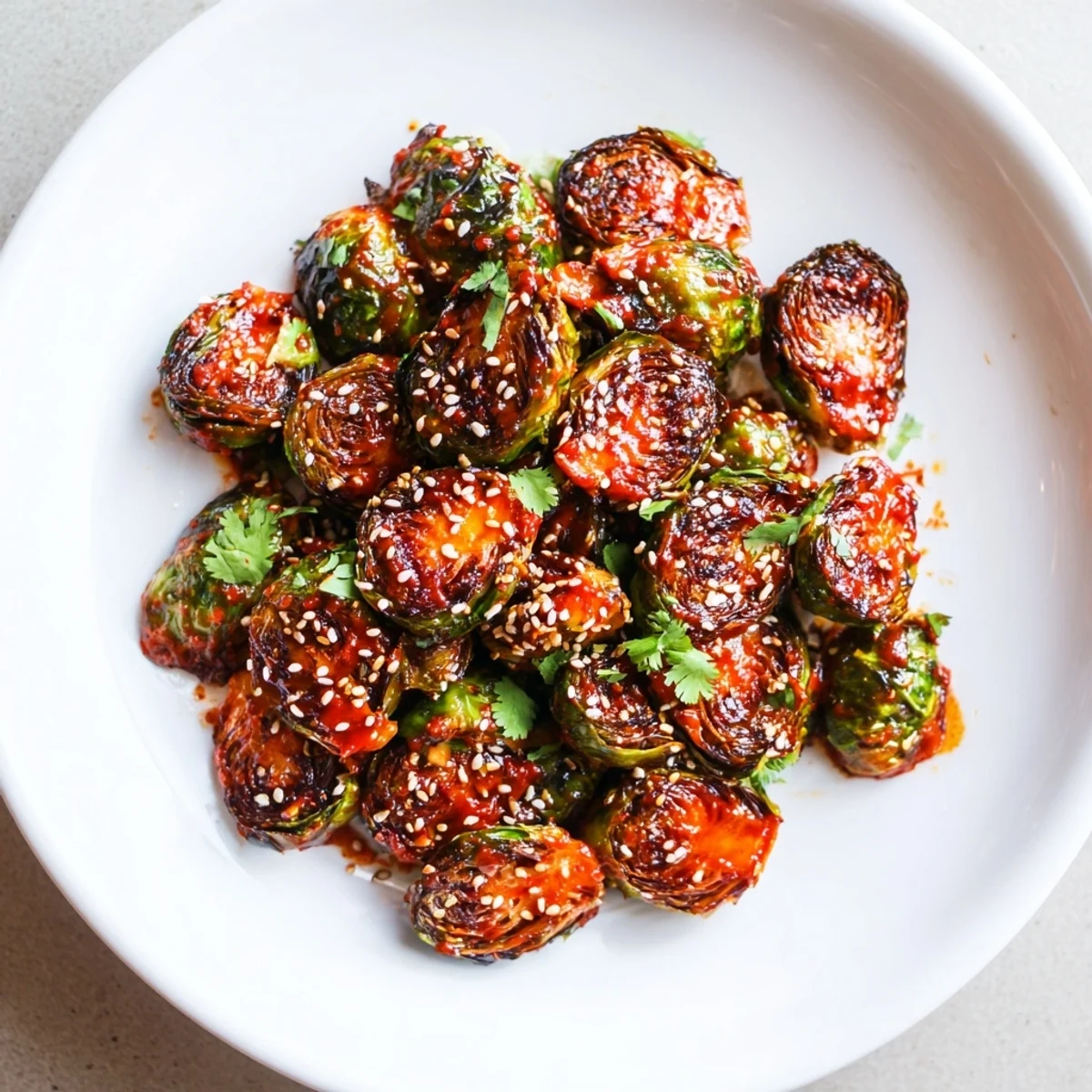 Caramelized Brussels sprouts coated in sticky honey sriracha glaze, perfect for a gluten-free vegetarian side dish.