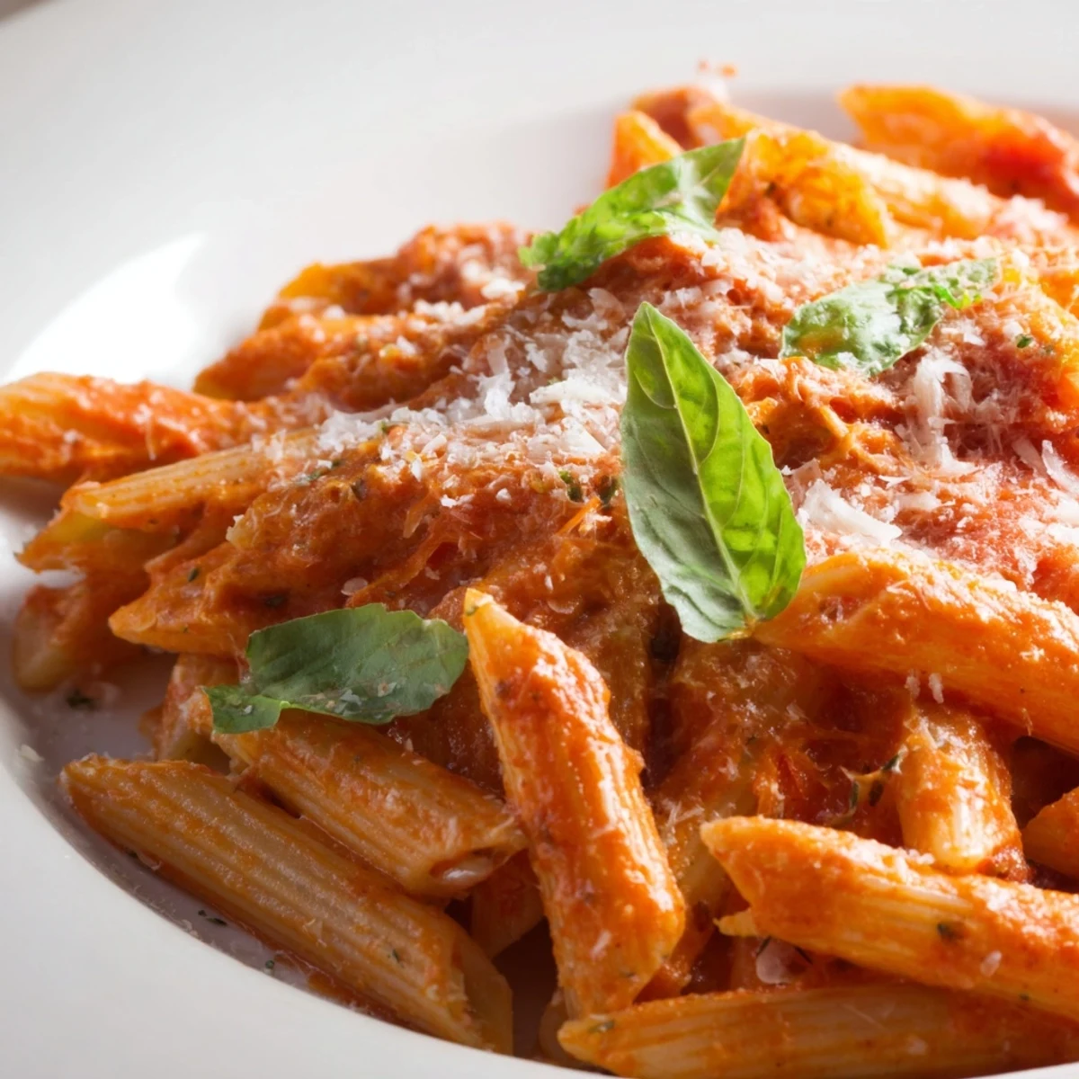 Overhead view of Creamy Tomato Basil Pasta with Grated Parmesan plated with a fork, a glass of white wine, and a side salad for a complete weeknight dinner.