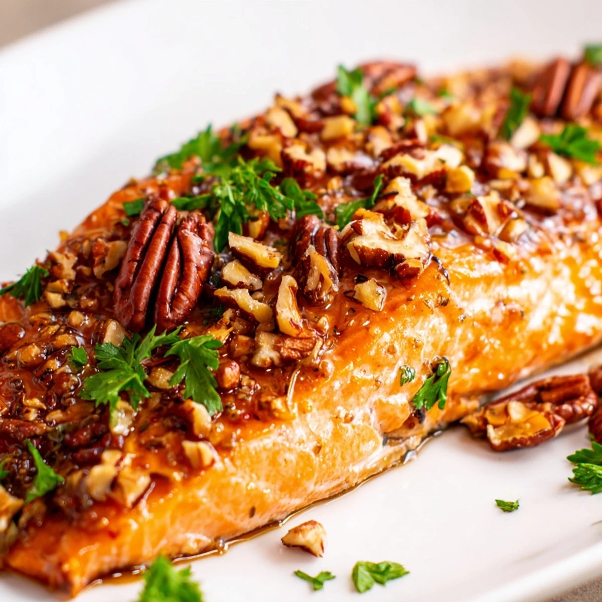 Tender Baked Salmon with Maple Glaze and Toasted Pecans served with roasted vegetables and lemon wedges on a rustic plate.