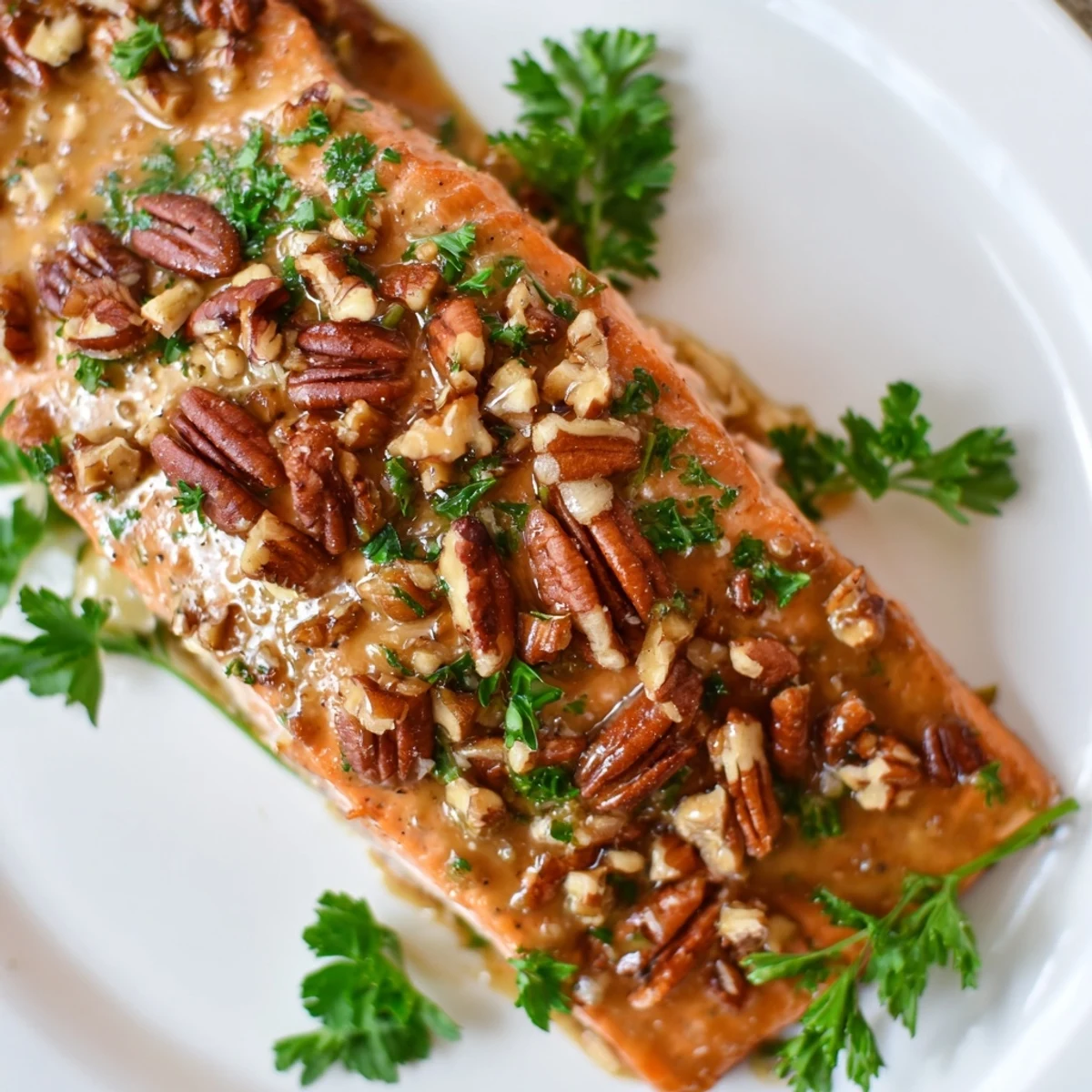 Golden-brown baked salmon fillets coated in a shiny maple glaze and topped with crunchy toasted pecans on a baking sheet.