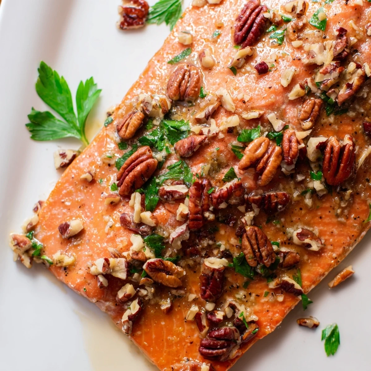 Close-up of a flaky Baked Salmon with Maple Glaze and Toasted Pecans, garnished with fresh parsley on a white dish.
