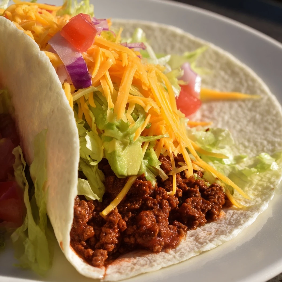 Warm soft flour tortillas filled with seasoned ground beef and topped with fresh salsa, lettuce, and cheese.