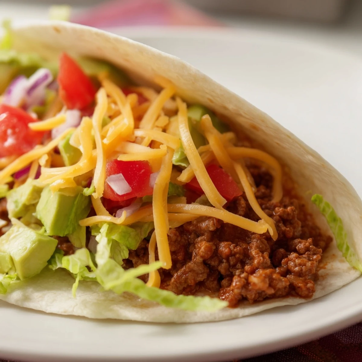 Serving plate of freshly assembled Beef Tacos with soft tortillas, avocado slices, and lime wedges.
