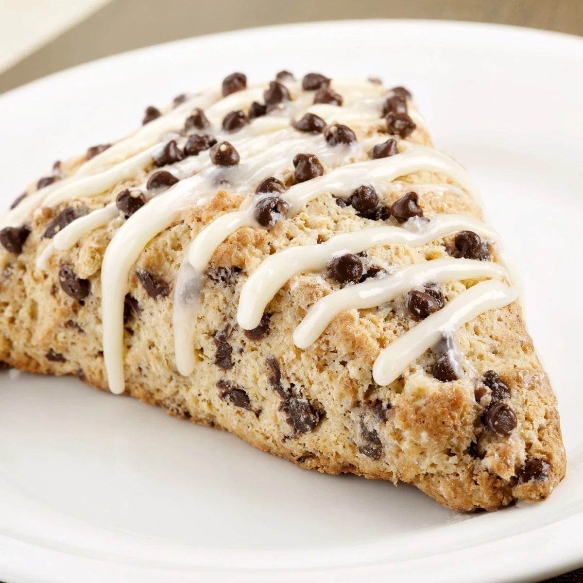 Freshly baked Chocolate Chip Scones with Sweet Vanilla Glaze arranged on a white plate next to a cup of coffee.