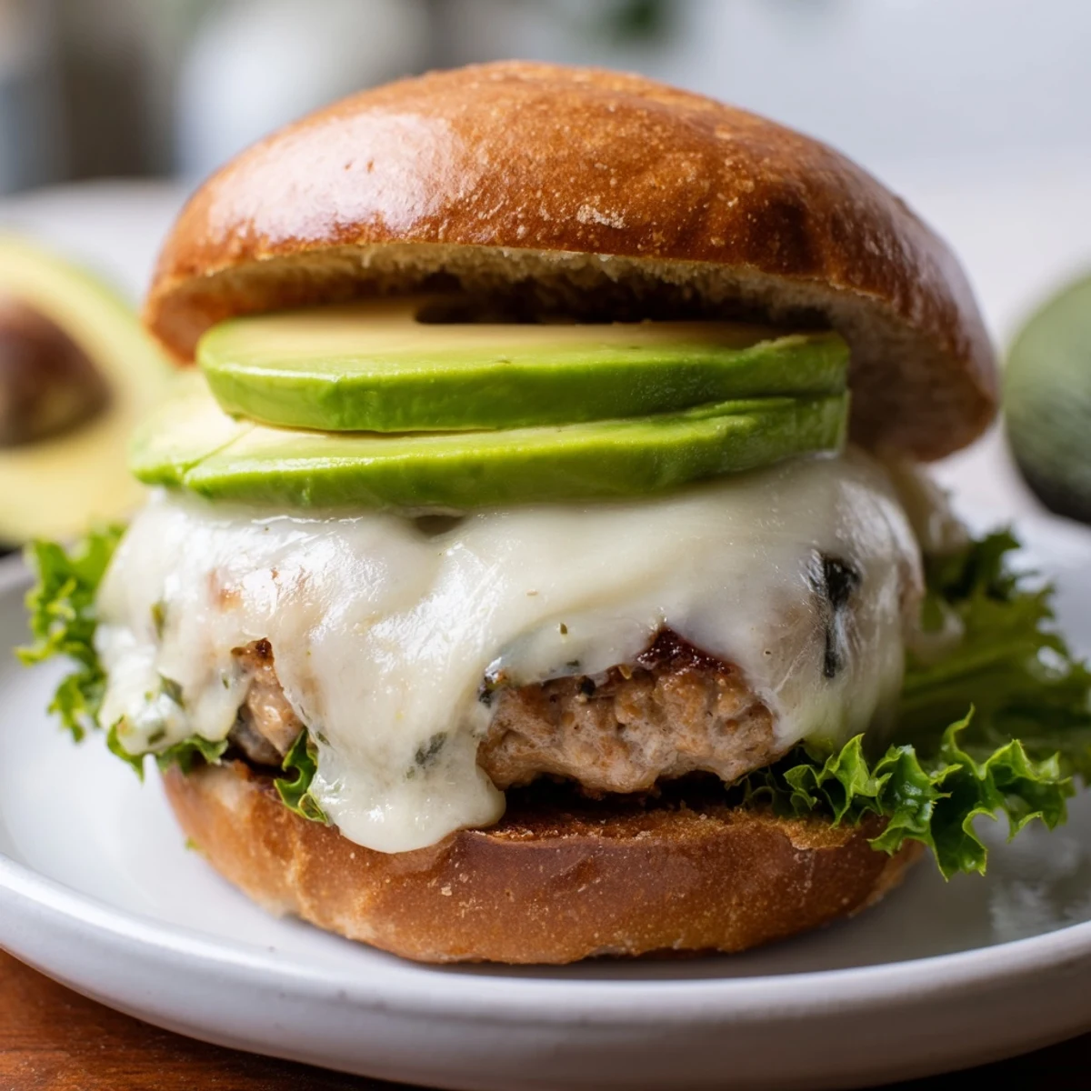 Healthy turkey burger featuring Swiss cheese and sliced avocado on a whole wheat bun, garnished with tomato and red onion.