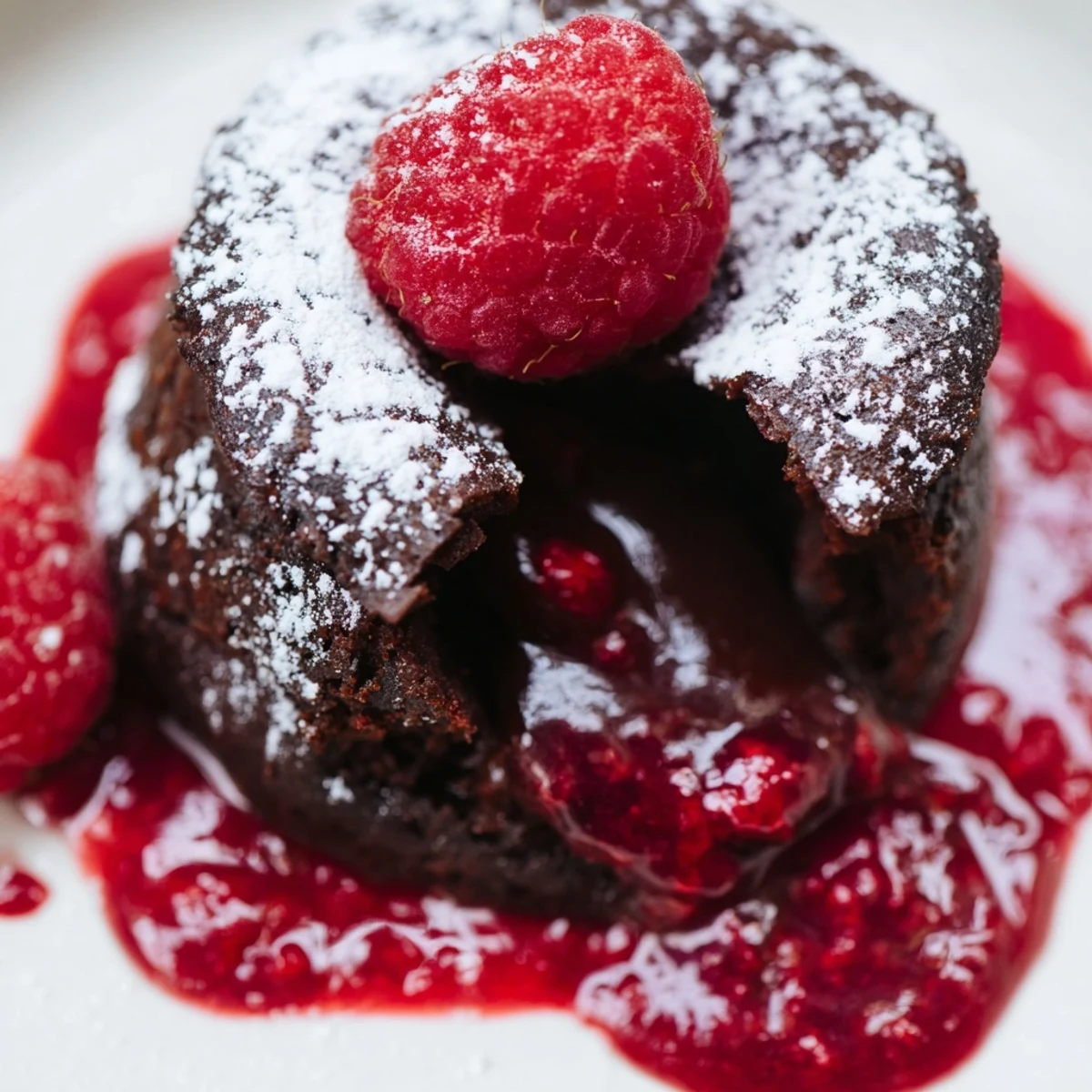 Warm chocolate lava cakes with raspberry sauce drizzled over a scoop of vanilla ice cream on a white plate.