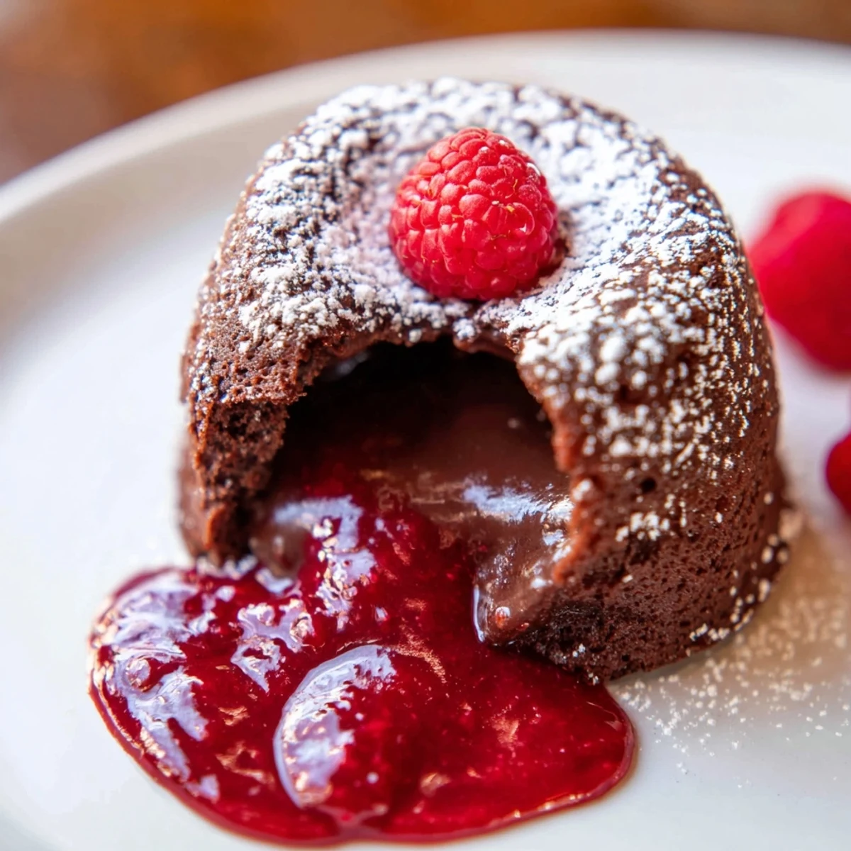 Chocolate lava cakes served with raspberry sauce, powdered sugar dusting, and fresh raspberries on a dark plate.
