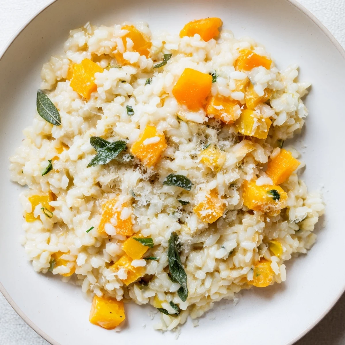 Golden chunks of tender squash and fresh sage blend into creamy Winter Squash Risotto, garnished with Parmesan and black pepper.