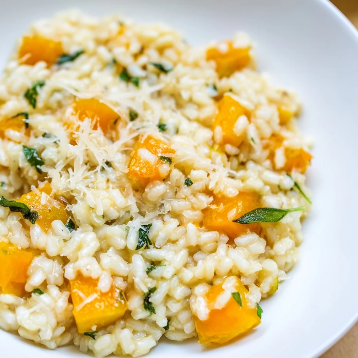 Creamy Winter Squash Risotto with Sage served warm, topped with grated Parmesan, in a rustic bowl beside fresh sage leaves.