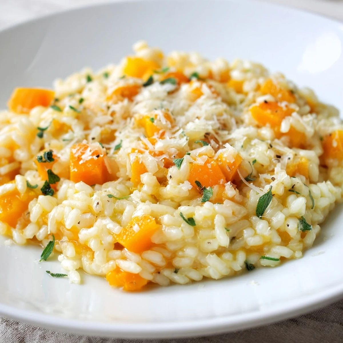 Comforting bowl of Winter Squash Risotto with Sage, steam rising, plated over a rustic wooden table in soft natural light.