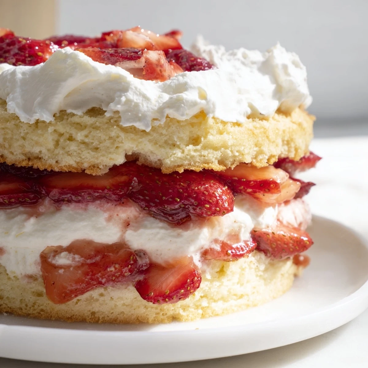 Freshly baked golden shortcakes stacked with macerated strawberries and dollops of homemade whipped cream.  