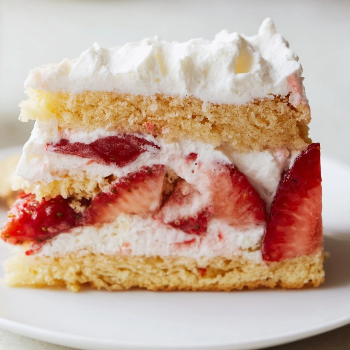 Slice of homemade strawberry shortcake with juicy berries and fluffy whipped cream on a plate.  