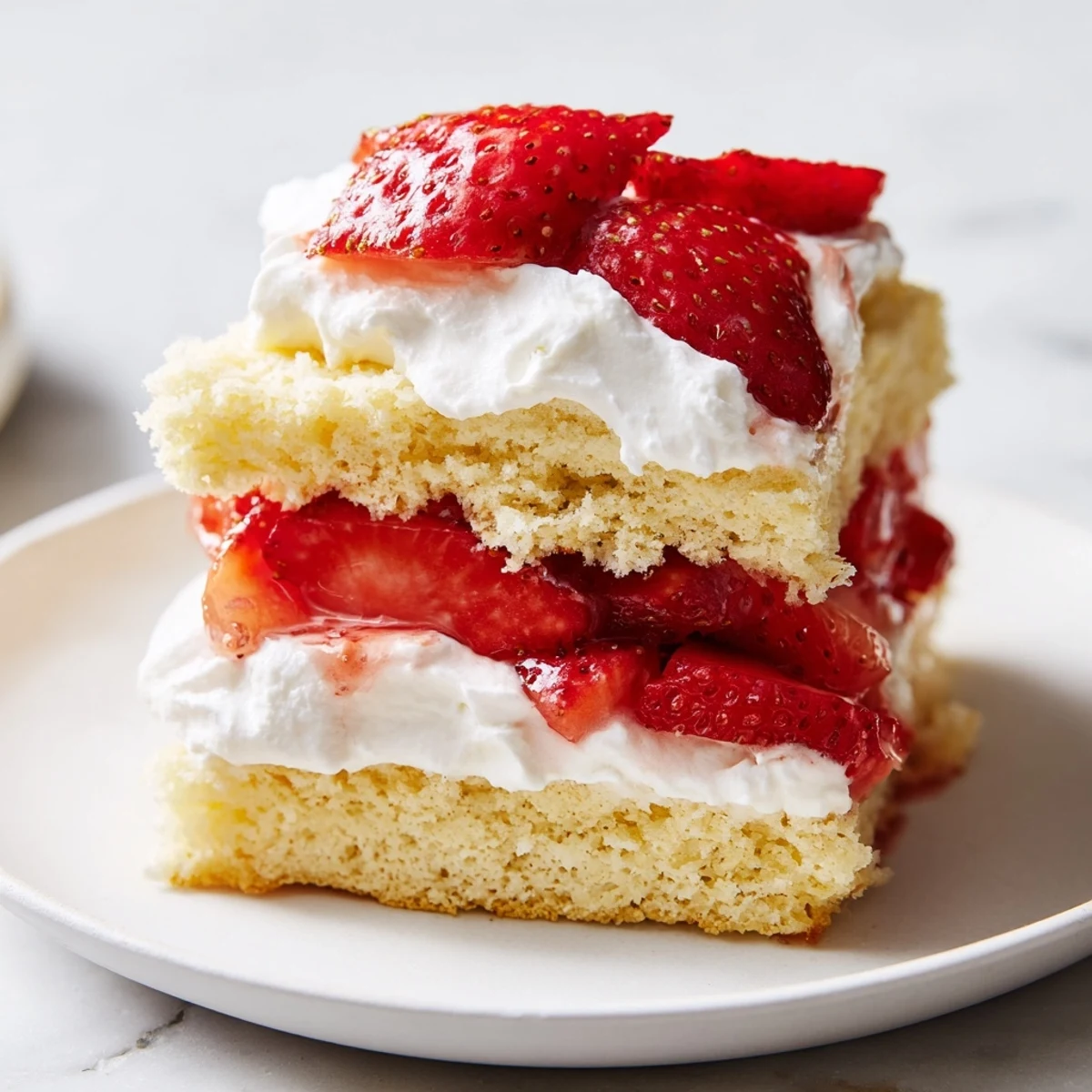 Classic strawberry shortcake dessert with tender shortcakes, sweet strawberries, and fresh whipped cream topping.