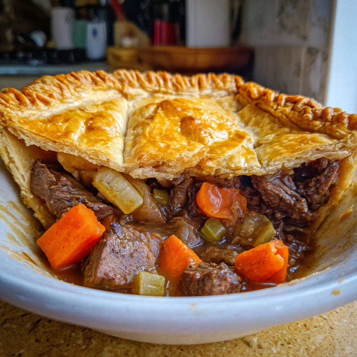 Close-up view shows hearty filling of beef, carrots, and onions in a bubbling gravy inside this classic, non-alcoholic Irish Beef and Guinness-Free Pie.